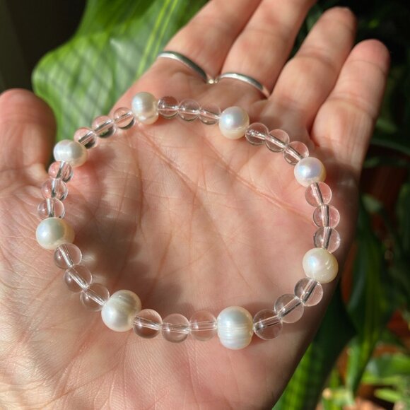 6mm Authentic Clear Quartz Gemstone Bracelet with 8mm Real Fresh Water Pearls - Picture 5 of 5